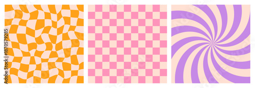 Pattern background checker grid checkerboard groovy y2k square retro 90s. Seamless gingham chequered vintage pastel purple green yellow white textile fabric fashion print. Groovy geometric bg