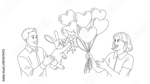 Sketch of Gift and Love: A gentle hand-drawn sketch of a man presenting a cute rabbit, and a woman holding heart-shaped balloons, symbolizing love and gifting.