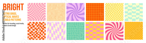 Checker Grid Pattern Kit. Groovy Y2k Checkerboard Background. 90s Retro Modern Chess Board Set. Cute Y2k Texture Pack Bg. Wavy Square Fun Checkerboard Pattern Bundle.1970 Trippy Grid Background.