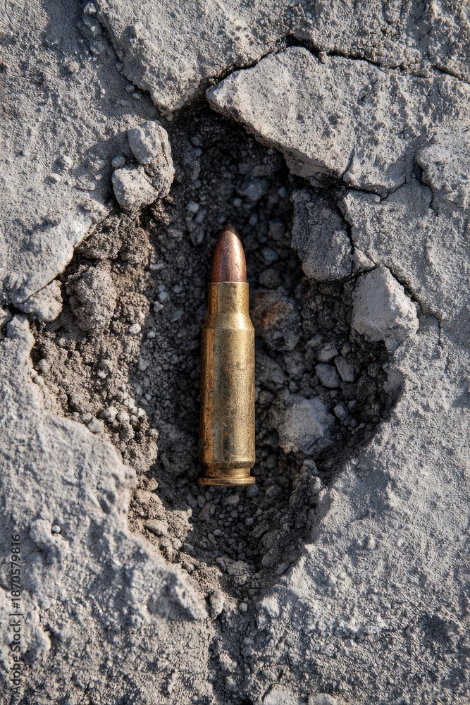 Fototapeta premium A brass rifle cartridge buried in cracked dry dirt. Concept Deserted battlefield relic, Buried brass cartridge, Cracked dry soil texture, Weathered ammunition artifact, Military history remnant