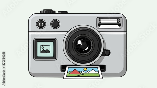 Retro Style Digital Camera Printing a Photo Landscape Scene.