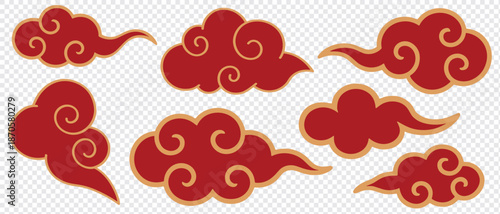 Chinese style clouds. Traditional korean clouds. Flat chinese or japanese red cloud silhouettes, decorative asian festival elements, oriental graphic decent vector set