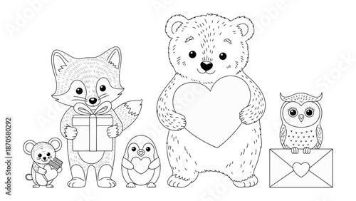 Cute Cartoon Animals and Gift: Adorable illustrated animals share a heart-shaped gift. Perfect for conveying love, friendship and joy. 