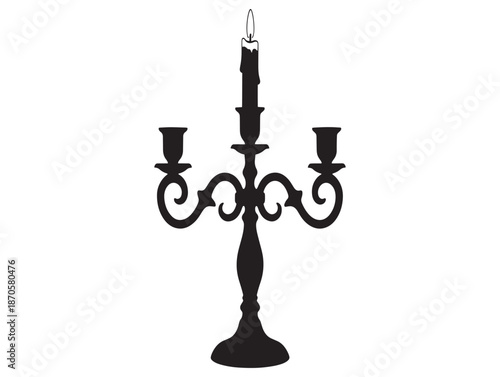 Elegant black candelabra silhouette with intricate metalwork and a single lit candle