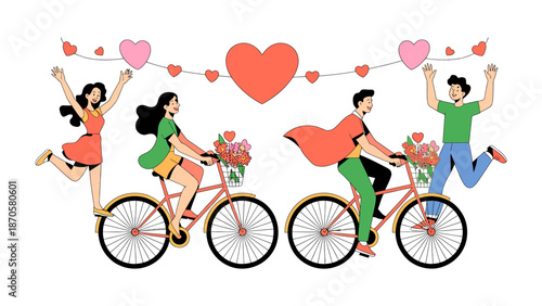 Bicycle Ride of Love: Two couples enjoy a cheerful bike ride beneath a garland of hearts, symbolizing togetherness and shared joy. A vibrant depiction of love and togetherness