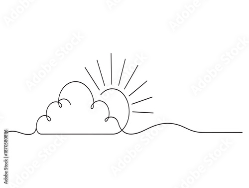 Minimalist line art illustration of clouds and a rising or setting sun with rays