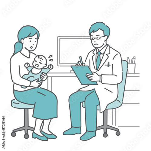 体調不良で泣く赤ちゃんと母親の問診（男性医師・白衣・小児科）