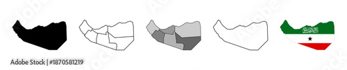 Somaliland map icon set. In silhouette, states outline, flag map styles. vector illustration
