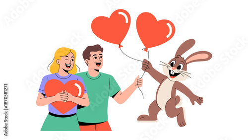 Affectionate Celebration of Romance and Companionship: A cheerful scene unfolds as a couple, bathed in the warmth of affection, receives heart-shaped balloons from a joyful rabbit. It symbolizes joy.