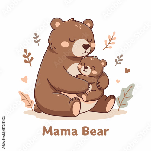 Adorable Cartoon Mama Bear Cuddling Her Cub, Surrounded by Nature