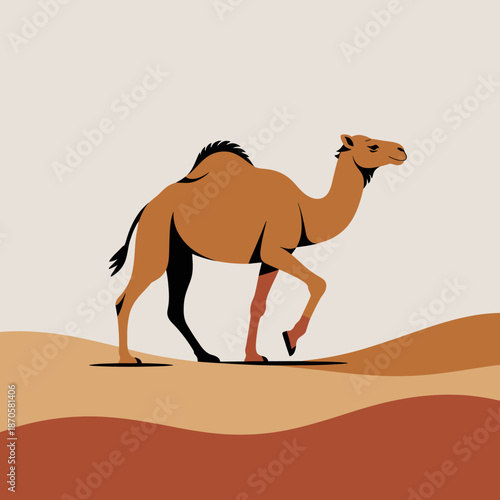 Minimalist Illustration of a Brown Camel Walking Across Abstract Desert Dunes