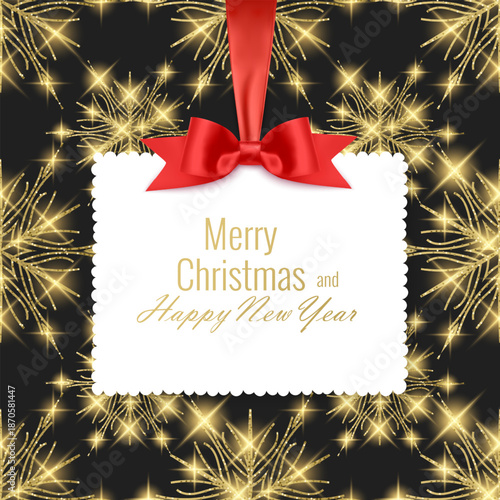 Festive Merry Christmas and Happy New Year vector banner template. Decorated with a brilliant glitter snowflake flying with a magical light trail. The design includes glowing particles, sparks, and a 