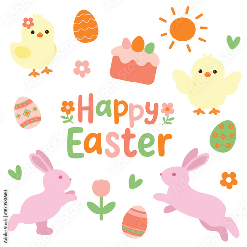 Happy easter cute clipart set with bunny chick eggs Happy easter illustration set with bunny chicks and eggs Cute happy easter clipart with spring animals and cake