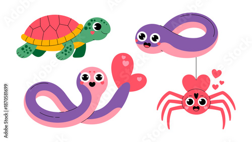 Friendly Critters and Affection: A set of delightful, smiling cartoon animals exuding charm and affection, with a snake holding a heart-shaped balloon, a turtle, a spider. expressing joy and love.