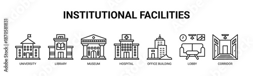 Institutional Facilities web banner icon vector illustration concept for public service buildings with icons of university, library, museum, hospital, office building, lobby, corridor.