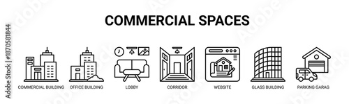 Commercial Spaces web banner icon vector illustration concept for commercial buildings with icons of commercial building, office building, lobby, corridor, website, glass building, parking garage.