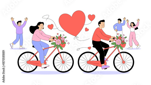 Love Ride: A romantic scene unfolds as a couple rides bicycles adorned with flowers, a giant heart balloon floating between them, as two pairs celebrates. Expressing the joy and love
