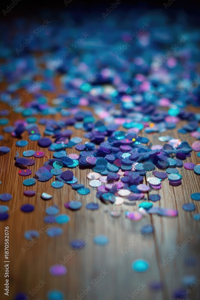 Obraz premium Colorful glittery circular confetti scattered across a wooden surface. Concept Colorful Confetti, Glitter, Circular Confetti, Wooden Surface, Flat Lay