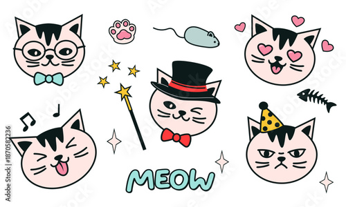 Funny cat face sticker set with expressions, hearts and accessories, vector illustration