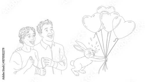 Joyful Celebration with Balloons: A couple beams with joy as they witness a rabbit struggling to hold a bunch of heart-shaped balloons. A scene of happiness and fun.