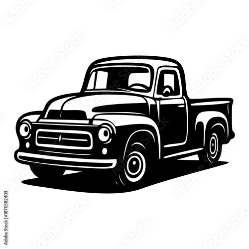 Vintage Pickup Truck Black White Illustration.
