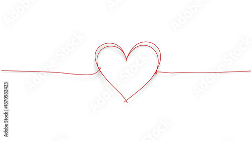 Minimalist Red String Heart Illustration Representing Love Connection and Life Line on White Background