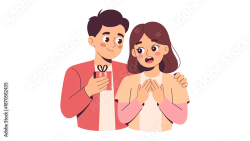 Gift of Affection: A charming scene of a man presenting a gift to an astonished woman, encapsulating the delight of surprise and the bond of affection.