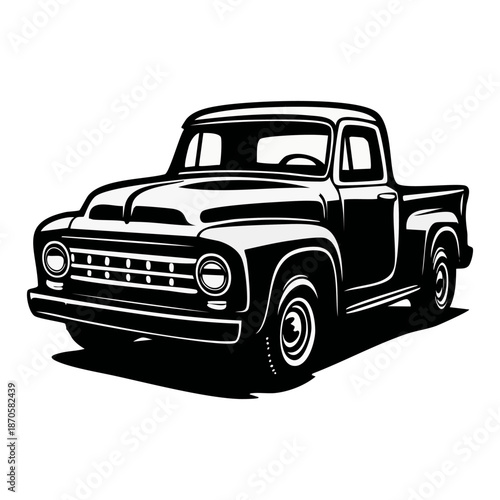 Vintage Pickup Truck Illustration Black White.