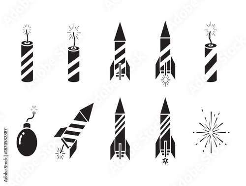 Variety of black silhouette fireworks and explosives depicted in a minimalist graphic design