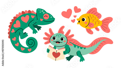 Love in Critter World: Adorable depictions of a chameleon, an axolotl, and a goldfish expressing their affections in a charming display of love and joy, with hearts conveying the theme of romance. 