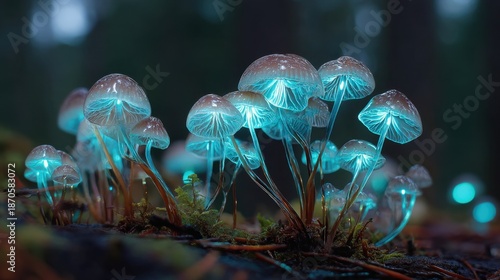 Glowing bioluminescent mushrooms in mystical forest setting