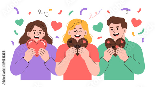 Sweet Moments of Affection: Three individuals are connected by the shared joy of holding heart-shaped treats, surrounded by a festive scattering of confetti and floating hearts.