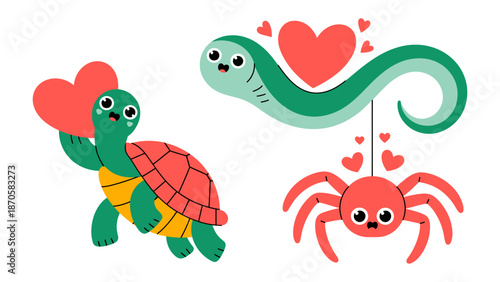 Whimsical Creature Hearts: A trio of adorable creatures – a cheerful turtle, a charming snake, and a cute spider - each with their own unique style, surround by heart.