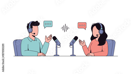 Podcast Interview Illustration. Podcasting, Streaming, Broadcasting, and Digital Media Content