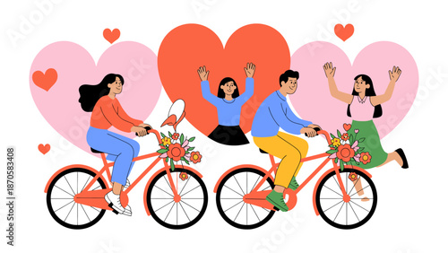 Love and Joy on Wheels: A vibrant illustration shows people celebrating love, riding bikes through hearts with smiling, carefree happiness.
