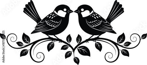 Romantic birds silhouette perched on ornate branch with leaves and tendrils, perfect for decorative design, tattoo, logo, and art prints