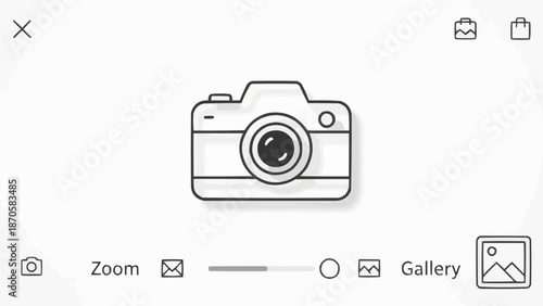 Simple line drawing of a vintage camera icon with zoom controls.