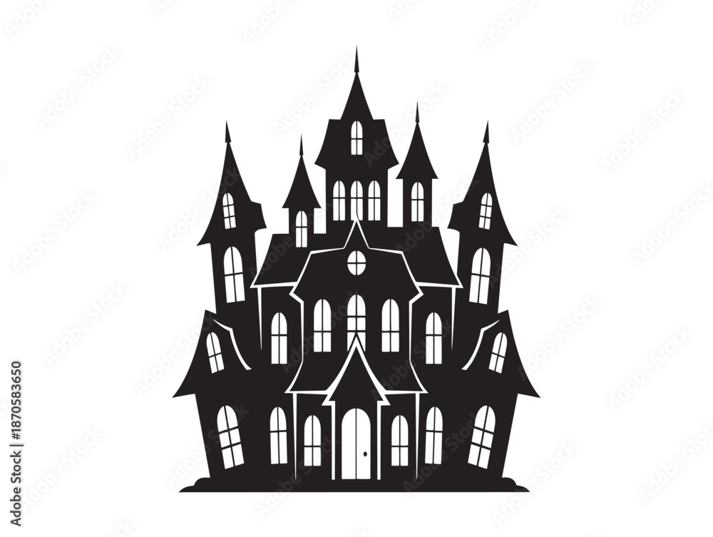 Obraz premium Silhouette of a spooky haunted mansion with multiple towers and gothic architectural details
