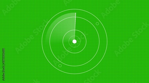 Animation of a radar screen in white with scanning beam on green background seamless loop
