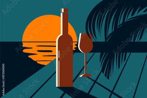 wine bottle and wineglass tropical resort