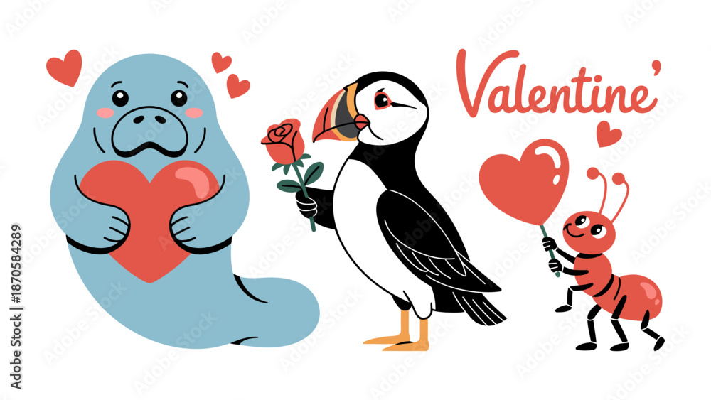 Obraz premium Valentine's Day Greeting: Adorable cartoon sea animals, puffin, and ant embrace the spirit of Valentine's Day. Featuring the sea animal holding a heart, a puffin bearing a rose.
