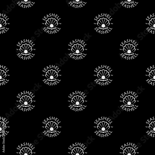 Seashell with pearl seamless pattern isolated on black background