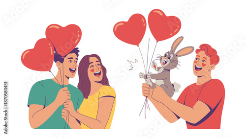 Heart-Shaped Balloons: Two couples, one embracing and the other excited, joyfully celebrate amidst heart-shaped balloons, spreading love and happiness in the air.