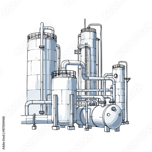 Industrial complex with large tanks and intricate piping systems, representing chemical processing or manufacturing.