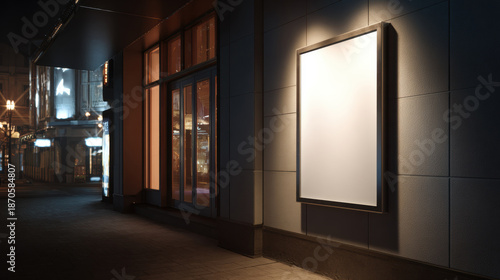Blank poster illuminated by spotlights on a textured concrete wall in a modern space. A vertical blank poster is mounted on a rough concrete wall, lit by warm spotlights creating dramatic shadows.