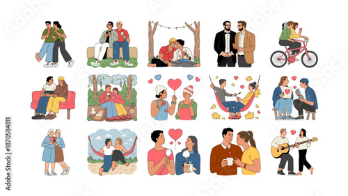Love is Everywhere: A vibrant assortment of scenes illustrates the many facets of love, from tender embraces to shared moments of laughter, celebrating affection in every shape and form.