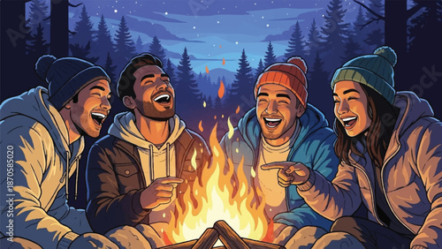 Four friends laughing and roasting marshmallows together around a campfire in a serene forest at dusk