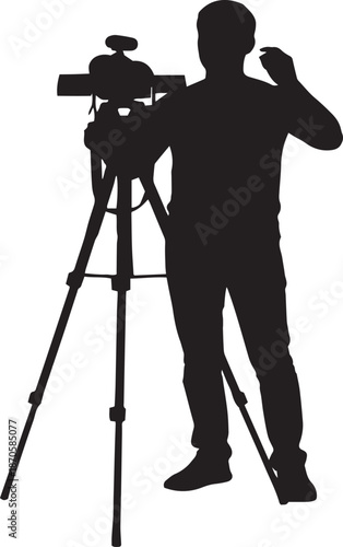 Silhouette of surveyor using theodolite on tripod for land measurement