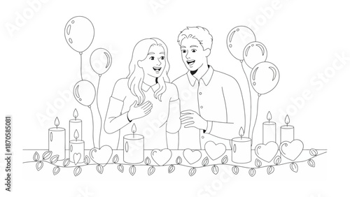 Love's Serenade: A tender moment unfolds as a couple embraces amidst the soft glow of candles and the playful charm of balloons, a heartwarming illustration celebrating connection and affection.