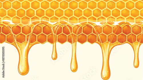 Honey dripping from a honeycomb, a sweet viscous liquid flowing from a honeycomb structure in a close-up view.